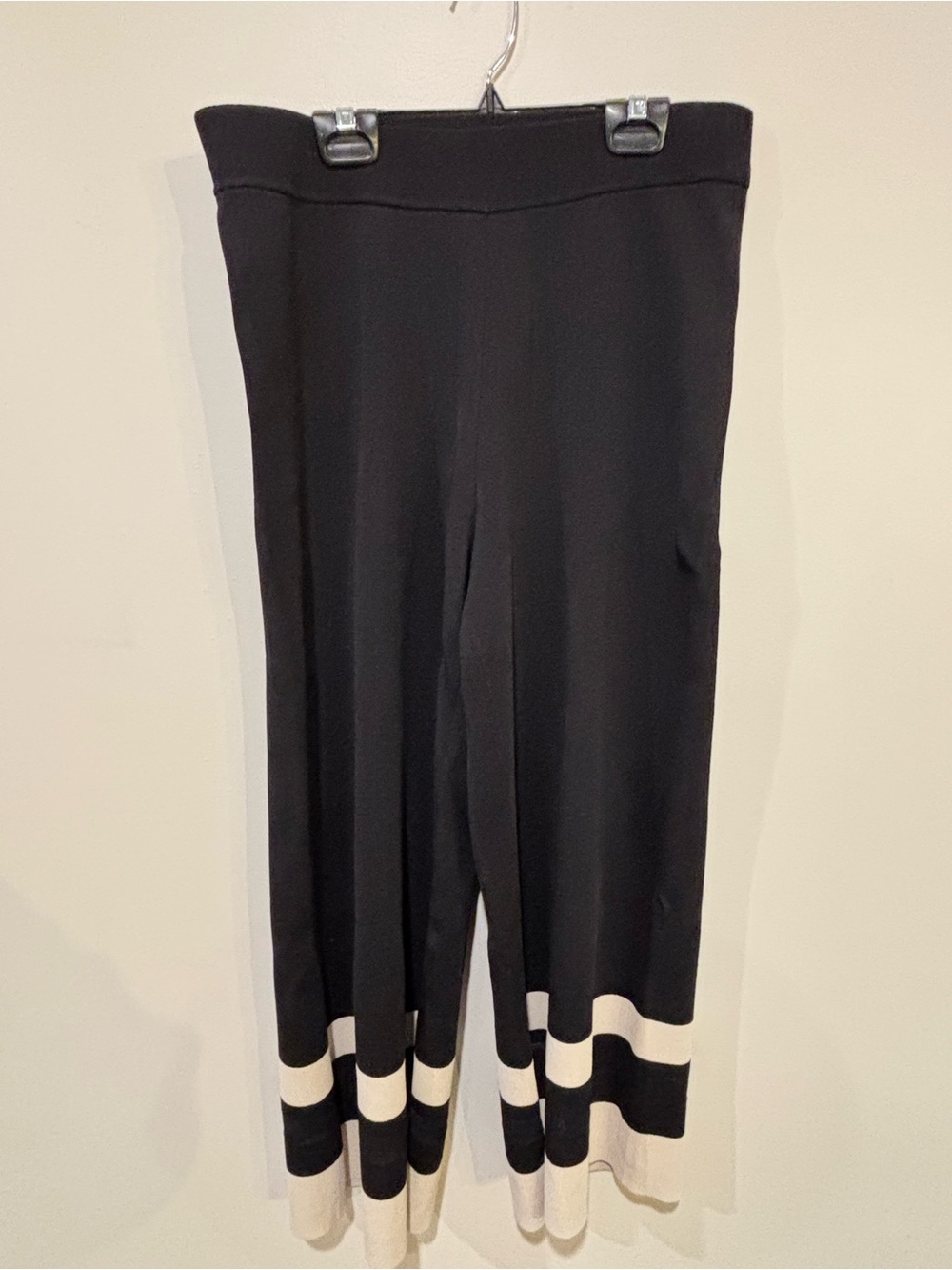 Joseph Ribkoff Black Wide-Leg Knit Pants with Cream Hem Bands